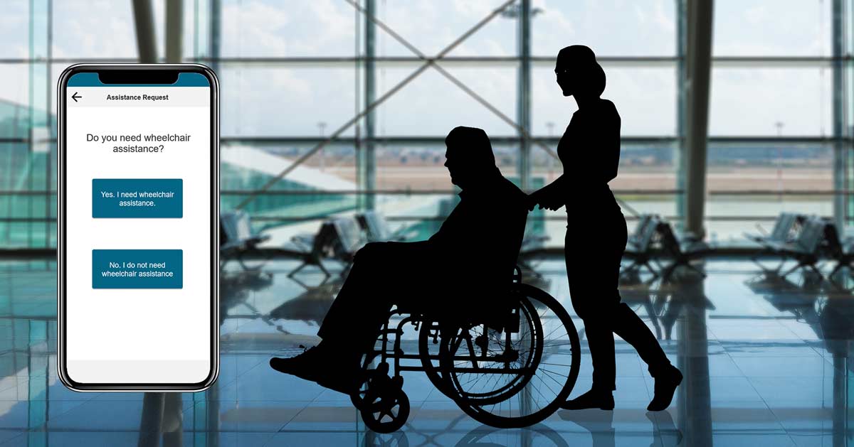 photo of phone application with person pushing man in wheelchair through an airport