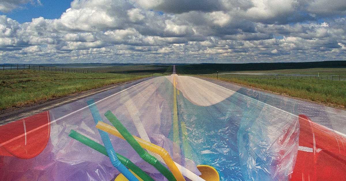 plastic cups, caps, and straws and a highway