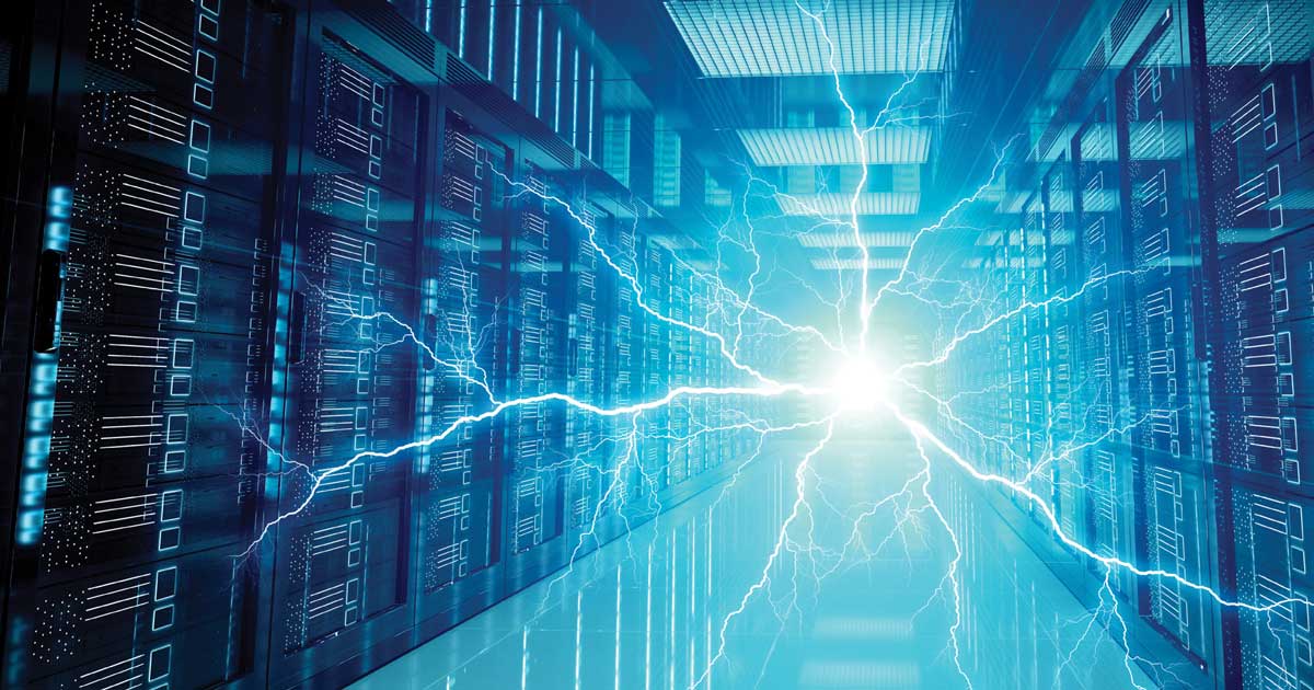 The cybersecurity struggle graphic of data center with sparks