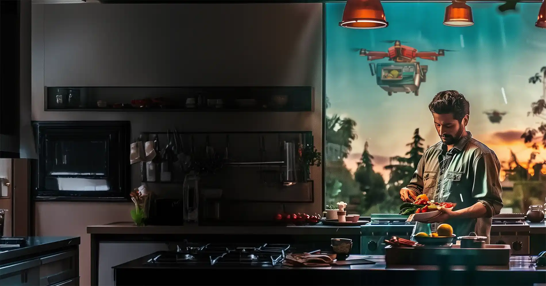 Graphic of man preparing his dinner as the autonomous drone that delivered his food flies away