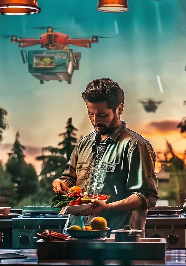 Graphic of man preparing his dinner as the autonomous drone that delivered his food flies away