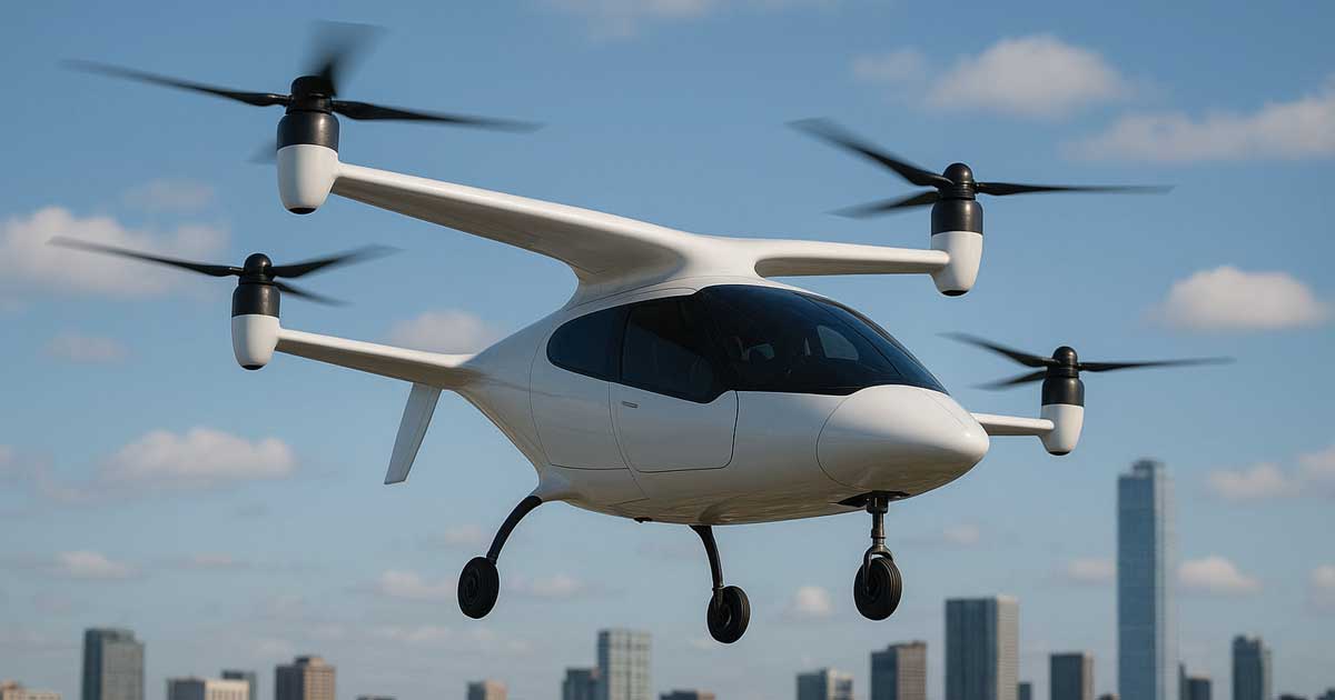 A drone flying in the sky with a cityscape in the background